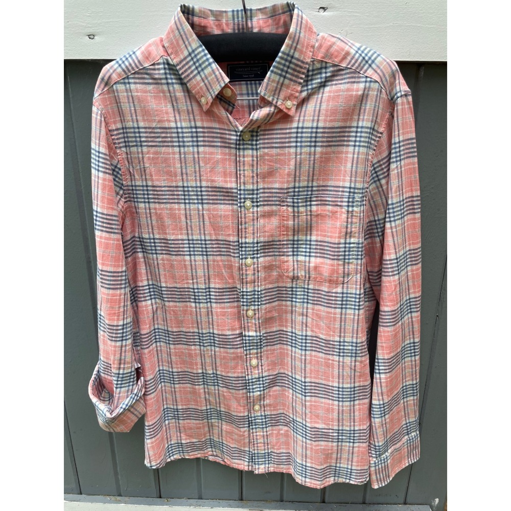 Vineyard Vines Mens Small Pink Blue Plaid Cotton Button Down Shirt Long Sleeve